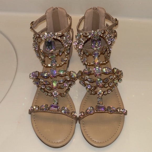 Shoe Dazzle Shoes - Embellished Tan Sandals